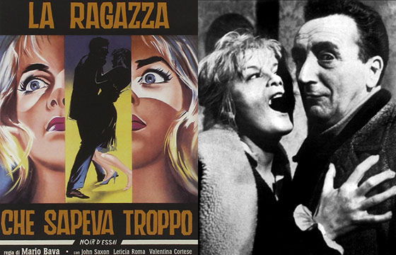 À esquerda, o giallo "A Rapariga Que Sabia Demais" (La ragazza che sapeva troppo, 1963) de Mario Bava; à direita o realizador, com Jacqueline Pierreux, nos bastidores do gótico "As Três Faces do Terror" (I Tre Volti della Paura, aka Black Sabbath, 1963)